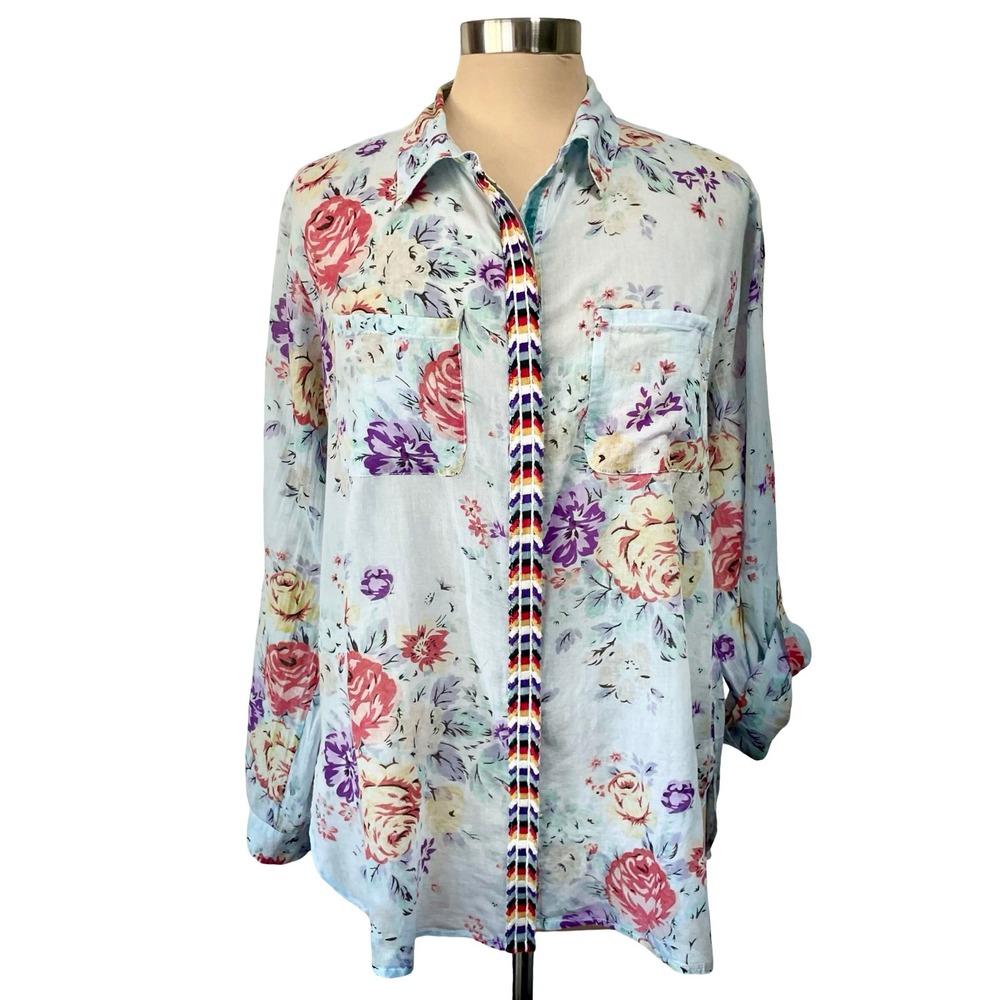Magazine Blue Floral Print Button Up Shirt Sz L Cotton Lightweight Cottagecore